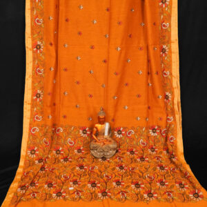 Mustard Yellow Silk Kantha Saree