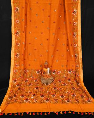 Mustard Yellow Silk Kantha Saree