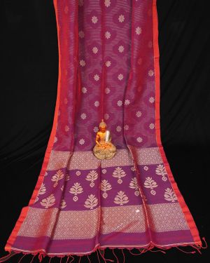 Awesome Purple Handwoven Cotton Linen Floral Jamdani Saree
