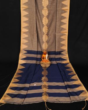 Handwoven Pure Linen  Saree with Temple Border Olive Grey