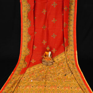 Madhubani Printed Handloom Rust Red Cotton Saree