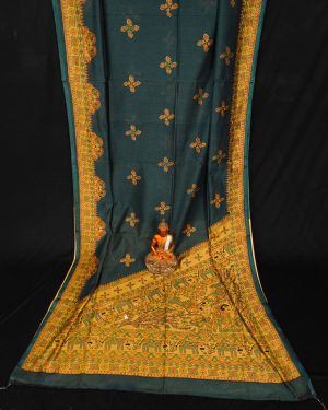 Madhubani Printed Handloom Bottle Green Cotton Saree