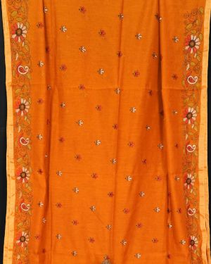 Mustard Yellow Silk Kantha Saree