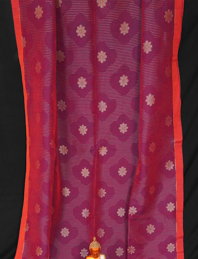 Awesome Purple Handwoven Cotton Linen Floral Jamdani Saree - Image 2