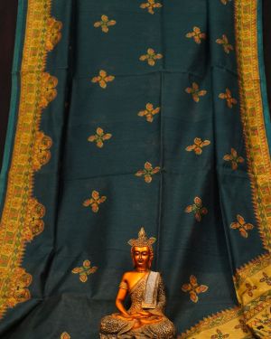Madhubani Printed Handloom Bottle Green Cotton Saree