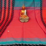 Teal Green & Red Zig Zag Border Begumpuri Cotton Saree