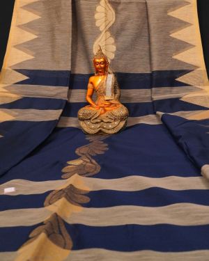 Handwoven Pure Linen  Saree with Temple Border Olive Grey